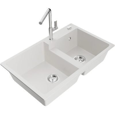 Mexen Tomas гранитна мивка с 2 камери и кухненски смесител Flora, бял - 6516-20-670401-00 (6516-20-670401-00)