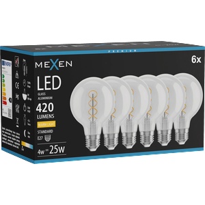 Mexen Vintis 6x LED крушка с нишка спирала E27, G80, 4W, Топла - 2700K, 420 lm, прозрачно (L165-E27-0427-00x06)