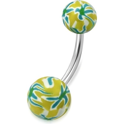Šperky eshop piercing do bříška chirurgická ocel a fiMO kuličky žluté barvy s barevnými květy Z25.16