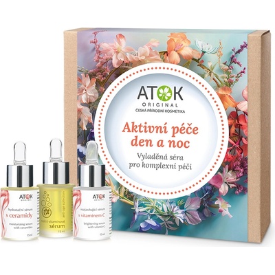 Original ATOK Rozjasňující sérum s vitaminem C 15 ml + Hydratační sérum s ceramidy 15 ml + Noční vitaminové sérum 15 ml Aktivní péče den a noc dárková sada