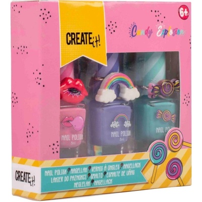 Create It! Candy Explosion sada laků na nehty a prstýnků 3 ks + 3 ks