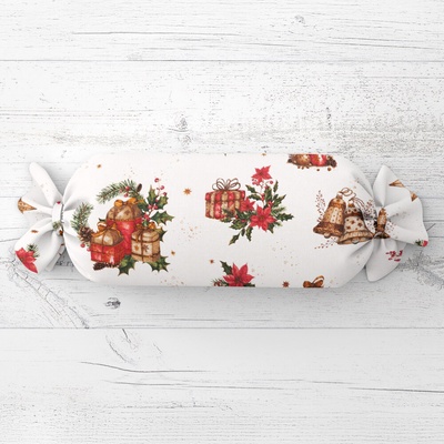 Biante Vianočný vankúš valec bonbon Sandra SA-515 Vianočné hviezdy a ozdoby na bielom 15x40