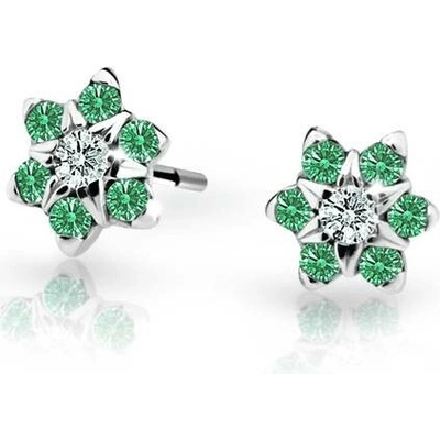 Danfil dětské náušnice kytičky C2152 z bílého zlata s kamínky Emerald Green zapínání balónek