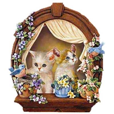 Диамантен Гоблен "Котенца на прозорче" - 30 x 40 см, Кръгли мъниста