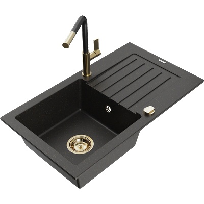 Mexen Pablo гранитна мивка с 1 отделение с отцедник и кухненски смесител Flora, черен/златист металик - 6510-75-670401-57-G (6510-75-670401-57-G)