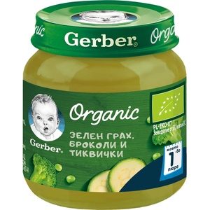 Gerber Organic Био пюре със зелен грах, броколи и тиквички, 6+м, 125 g (2633891)