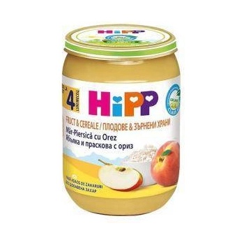 HiPP Био каша с ябълка, праскова и ориз hipp, 4+ месеца, 190гр
