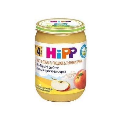 HiPP Био каша с ябълка, праскова и ориз hipp, 4+ месеца, 190гр