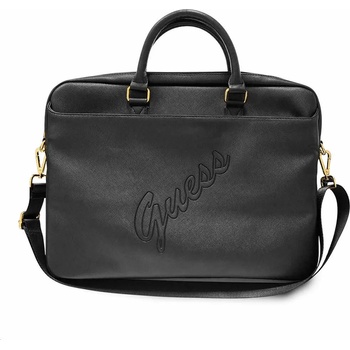 GUESS Saffiano Vintage Script Laptop Bag - луксозна дизайнерска чанта с дръжки и презрамка за преносими компютри до 16 инча (черна)