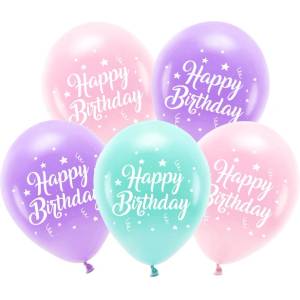 Party Deco Латексови Балони с Надпис "Happy Birthday", Пастелни Цветове (ECO26P-201-081-5)