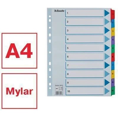 Zosilnené registre "Mylar", mix farieb, kartón, A4, 1-10, ESSELTE