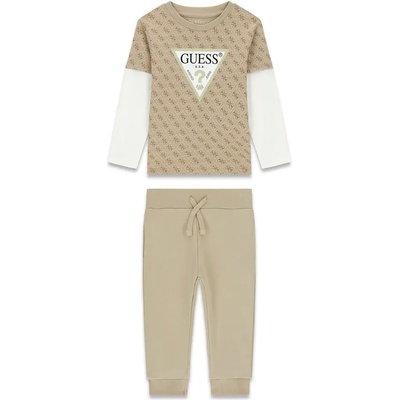 Guess Комплект за мини момче блуза в бежово с бели ръкави, лого Guess и бежов спортен панталон