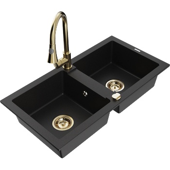 Mexen Mario гранитна мивка с 2 камери с кухненски смесител Elia, черен - 6504-77-670101-50 (6504-77-670101-50)