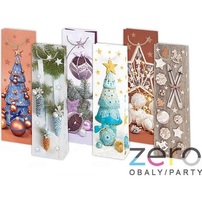 Taška papírová dárková na láhev 12x40x9 cm (lak) - vánoční (mix 4)