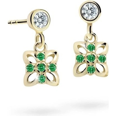 Danfil dětské náušnice kytičky C2215 ze žlutého zlata s kamínky Emerald Green zapínání balónek