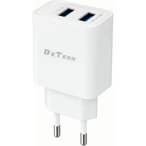 DeTech Мрежово зарядно устройство DeTech DE-59C, 5V/2.4A, 220V, 2 x USB, с Type-C кабел, 1.0m, Бял - 40542