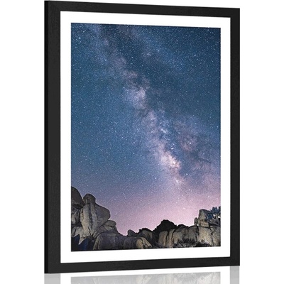 Plakát s paspartou hvězdná obloha nad skalami - 40x60 white