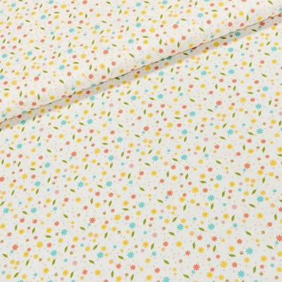 TextilCentrum.cz Bavlněné plátno POLLITO-B 60 MULTICOLOR, modré, žluté a oranžové kytičky s lístky na bílé, š.145cm (látka v metráži)