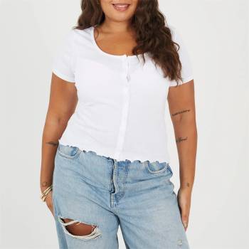 Brave Soul Фланелка с къс ръкав Brave Soul BS Plus Size Button Through Short Sleeve Top with Lettuce Hem - White