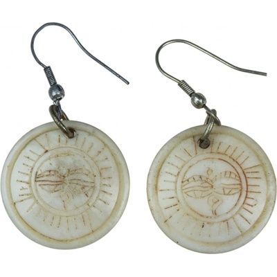 Sanu Babu Kostěné visací náušnice kulaté, znak Buddhovy oči, délka 39mm