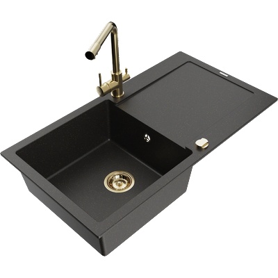 Mexen Leo гранитна кухненска мивка с 1 корито, отцедник и кухненски смесител Duero, черен/златист металик - 6501-75-671600-50-B (6501-75-671600-50-B)