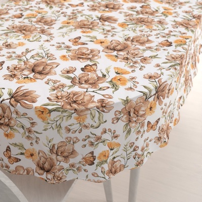 Biante bavlna oválný ubrus Sandra SA-458 Hnědé květy magnolie s motýlky na bílém 50x100cm