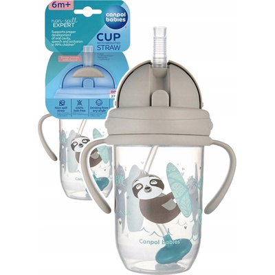 Canpol Babies nevylievací hrnček so slamkou a závažím Exotic Lenochod šedý 270 ml