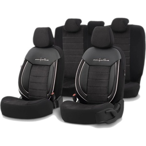  Комплект Луксозна Тапицерия OTOM текстил с еко кожа COMFORT LINE Design - Черна с бял шев, за Предни и Задни Седалки