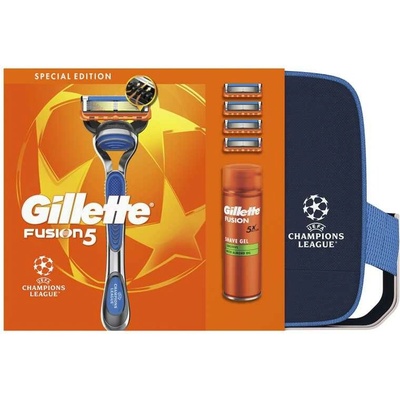 Gillette Fusion5 gel na holení 200 ml + Fusion5 Champions League holicí strojek 1 ks + Gillette Fusion5 náhradní břity 4 ks + kosmetická taška 1 ks