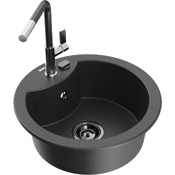 Mexen Diego гранитна мивка с 1 отделение и кухненски смесител Flora, черен петнист - 6512-76-670401-08-B (6512-76-670401-08-B)