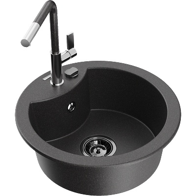 Mexen Diego гранитна мивка с 1 отделение и кухненски смесител Flora, черен петнист - 6512-76-670401-08-B (6512-76-670401-08-B)