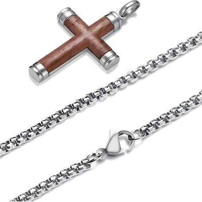 HARAHU Мъжка верижка с кръст wd-38748 - Кафява / Сребриста / 62см kp38748 (wd-38748)