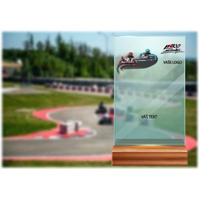 Skleněná trofej na dřevěném podstavci Motokáry 17 cm