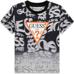 GUESS Тениска за мини момче в черно и бяло със сиви графити и червено лого Guess