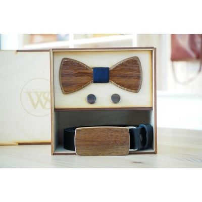 Wood Style Set Kulatý Modrotisk opasek motýlek a manžetové knoflíčky Černá Ořech americký