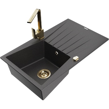 Mexen Cesar гранитна кухненска мивка с 1 гнездо с отцедник и кухненски смесител Rita, черна накапана - 6514-76-670300-50 (6514-76-670300-50)
