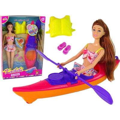 Lean Toys bábika s hnedými vlasmi a oranžovým kajakom