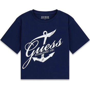GUESS Синя тениска за момиче с бяла щампа и надпис Guess