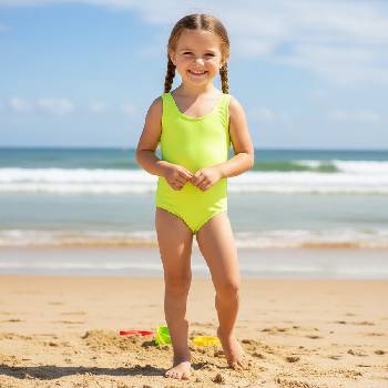 Свеж детски цял бански в неоново зелен цвят