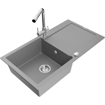 Mexen Leo гранитна мивка с 1 камера, отцедник и кухненски смесител Duero, сив - 6501-71-671600-00 (6501-71-671600-00)