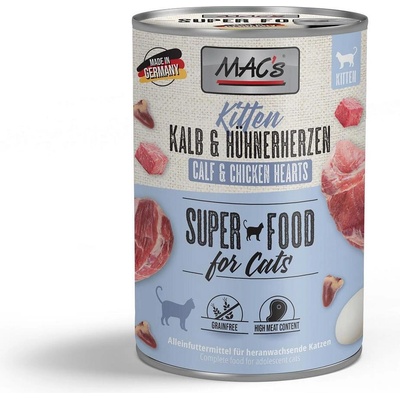 MAC's Kitten Chicken and Beef - Премиум консервирана храна за подрастващи котки, без зърно, с пилешки сърца и телешко месо, 400 гр