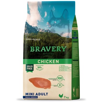 Bravery chicken adult dog mini, натурална, хипоалергенна храна, БЕЗ ЗЪРНО за пораснали кучета от дребни и мини породи над 1 година, с пилешко месо, Испания - 7 кг