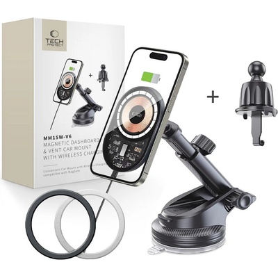 Tech-Protect Магнитна стойка за автомобил с MagSafe и безжично зареждане 15W от Tech-Protect MM15W-V6 - Черна (5906302313372)