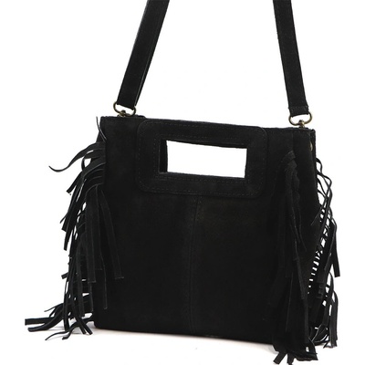 Štýlová čierna kožená crossbody kabelka so strapcami
