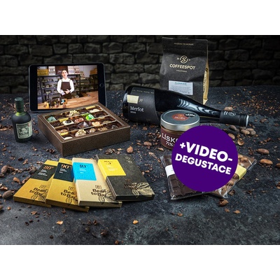 Dárkový balíček čokolád vína rumu a kávy videodegustace s čokoládovnou Janek