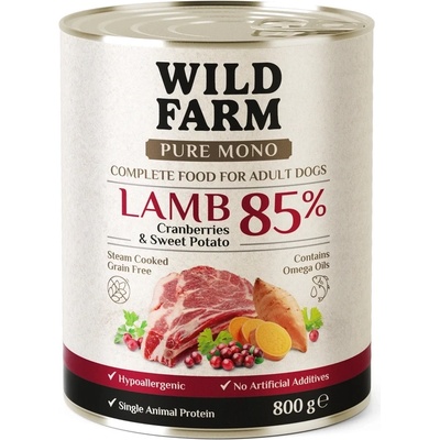 WILD FARM pure mono Агнешко с червени боровинки и сладки картофи 800 г - монопротеинова храна за кучета
