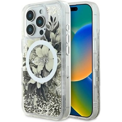 GUESS Калъф Guess Liquid Glitter Flower MagSafe за iPhone 16 Pro - бежов (3666339309671)