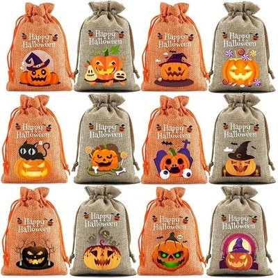 Halloweenské tašky, sada halloweenských dárkových tašek, 12 kusů, 14 x 10 cm, oranžový a přírodní