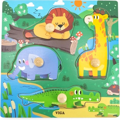 Viga Toys Дървен пъзел с дръжки Viga - Диви любимци (44593)