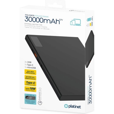 Platinet Power Bank 30000mAh - външна батерия с 3 USB изходa и USB-C порт за зареждане на таблети и смартфони (черен)